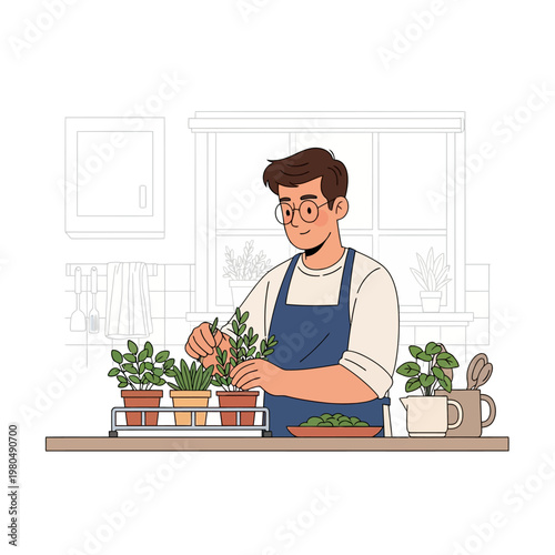 Man with glasses and a blue apron tending to small potted herbs on a kitchen counter, flat vector illustration of indoor gardening, sustainable living and home plant care.