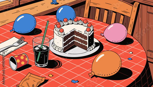 A close-up view of a table with a cake, balloons, and party items on a red checkered tablecloth indoors