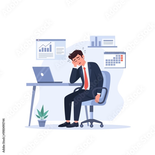 Exhausted businessman in a suit sitting at an office desk with a laptop, feeling stressed and burned out from overtime work, with data charts and a calendar in the background.