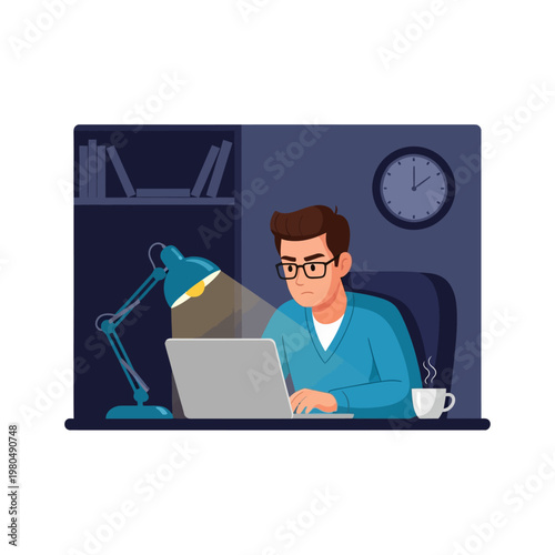 Flat vector illustration of a focused man wearing glasses working late at night on a laptop at a desk with a lit desk lamp, books, a coffee mug, and a wall clock in a dark room.