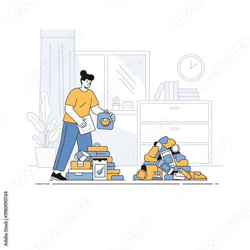 Flat vector illustration of a woman organizing a room, sorting personal items and clothing into neat piles on the floor beside a white storage dresser, window, and potted houseplant.