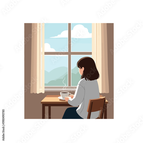 Vector illustration of a woman seen from behind sitting at a wooden table, looking through a window at mountains and clouds with a steaming cup of coffee in a minimalist room
