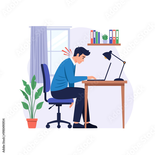 Vector illustration of a male office worker sitting at a desk with poor posture while using a laptop, experiencing neck pain and strain, home office setting with desk lamp and plant.