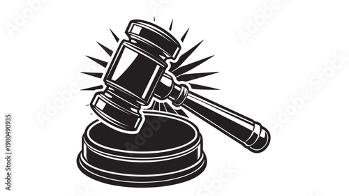 Hammer and gavel icon with black outline lines, dramatic impact rays, and courtroom style for legal branding
