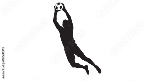 Football player silhouette holding a ball overhead in black sports icon style for soccer match promotion