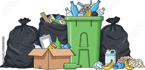 Overflowing Trash and Recycling Collection with Bottles, Boxes, and Waste for Waste Management and Environmental Illustrations