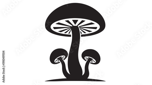 Mushroom icon with black umbrella cap and white gills, vector style for fantasy, cooking and nature themes