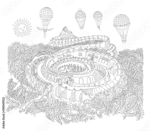 Black and white fantasy landscape, medieval castle and flying hot air balloons. Adults and children Coloring Book page
