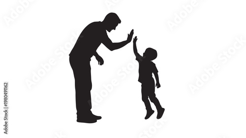 Silhouette of parent training a child to practice greeting hand gesture in teamwork encouragement concept