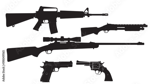 Rifle silhouette set with black outlines showing multiple firearm styles for tactical and shooting icons