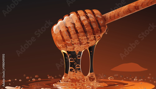 Golden honey drips from a wooden honey dipper on a surface