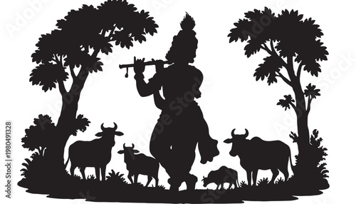 Farmer silhouette with pitchfork and cattle surrounded by leafy trees in black farm scene vector style