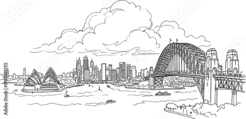 Sydney Harbour skyline with Opera House and Harbour Bridge over water detailed panoramic city landmark line illustration