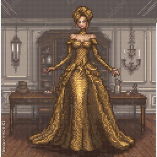 A woman in a golden gown stands in front of a desk with a bottle, a chair, and a clock. The background features a room with a chandelier and a cabinet.