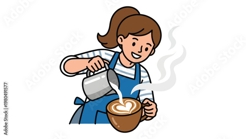 Smiling Barista Creating Latte Art with Heart Design in Coffee Cup