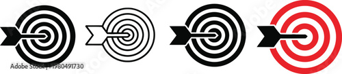 Four target icons progression black to red illustrating accuracy and impact isolated on transparent background
