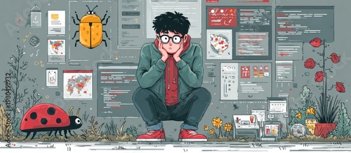 A concerned person squatted before a wall with insects and code windows