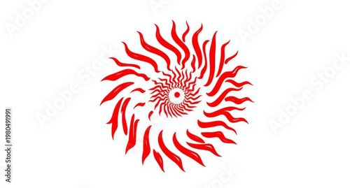 A retro vector illustration of a lion head with wings inside a circular floral sun pattern featuring red summer flower elements and a star symbol for a nature tattoo logo design