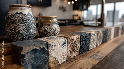 Decorated ceramics on a countertop, leading into a kitchen