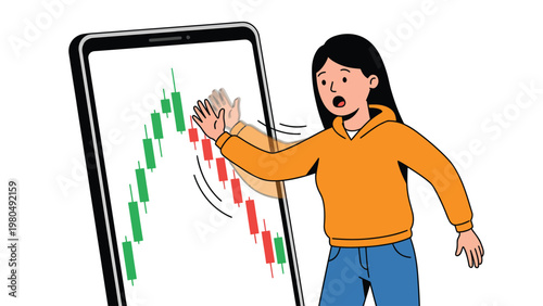 Worried woman reacts to falling stock market chart on smartphone, illustrating financial panic, investment loss, and market volatility