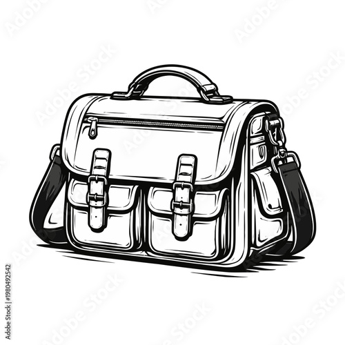 Vintage leather satchel briefcase with multiple pockets and adjustable strap, perfect for work or travel