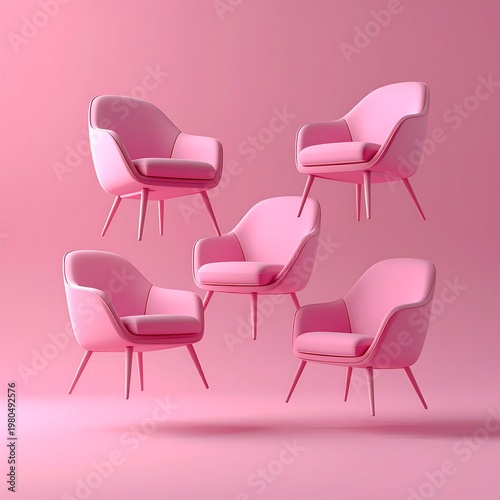 Five modern, armless chairs rendered in a monochromatic pink hue, floating against a matching backdrop