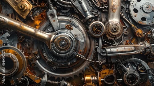 A close-up of intricate metal gears, screws, and tools, metallic textures