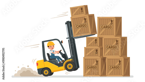 Dynamic cartoon forklift moving and stacking wooden cargo crates. Logistics, warehouse, and delivery concept.