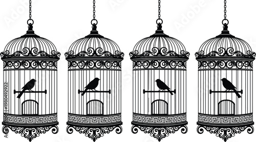 Vintage decorative birdcage illustration set featuring ornate cages with birds in classic antique style for design and decor