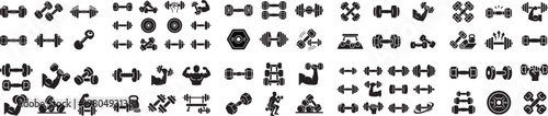 A comprehensive collection of various black and white dumbbell and weightlifting icons for fitness and exercise themes