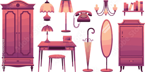 Vintage dressing room furniture set flat vector illustration with wardrobe vanity mirror lamp telephone and classic interior decor elements