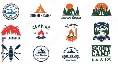 Vintage camping badges and outdoor adventure logos, set of 12 vector wilderness emblems, scout camp and mountain expedition labels for apparel