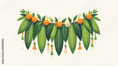 Traditional Indian Mango Leaf Toran Door Hanging Garland with Orange Flowers and Colorful Tassels, Festive Hindu Wedding and Diwali Decoration Illustration