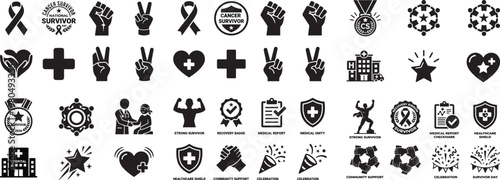 Collection of black silhouette icons representing cancer awareness and survivor support themes