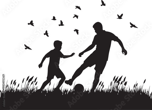 Black silhouette vector, father son playing soccer ball, running kids illustration, grass landscape