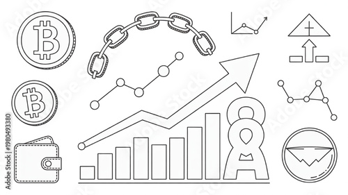 Bitcoin and cryptocurrency growth icons including wallet charts and blockchain elements for financial technology and investment concepts isolated on white