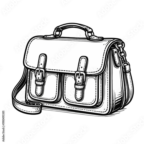 Detailed Hand-Drawn Satchel Bag Illustration, Monochrome Line Art, Vintage Buckles and Shoulder Strap, Classic Retro Design
