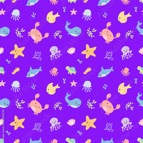 Sea seamless pattern with different underwater animals and mollusks 