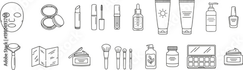 Vector illustration of cosmetic and skincare items including makeup, beauty tools, lotion bottles, cream jars, and facial mask