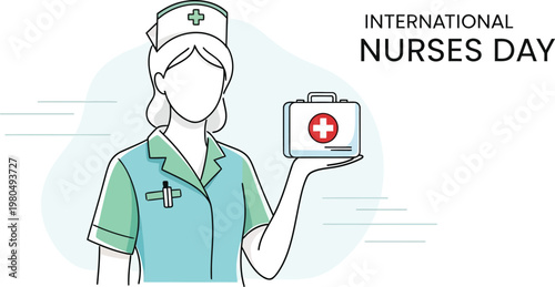 Illustrated female nurse holding a first aid kit for International Nurses Day, celebrating healthcare professionals and their vital role.