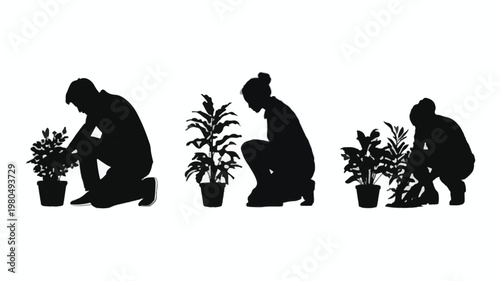 Silhouettes of people gardening on a white background