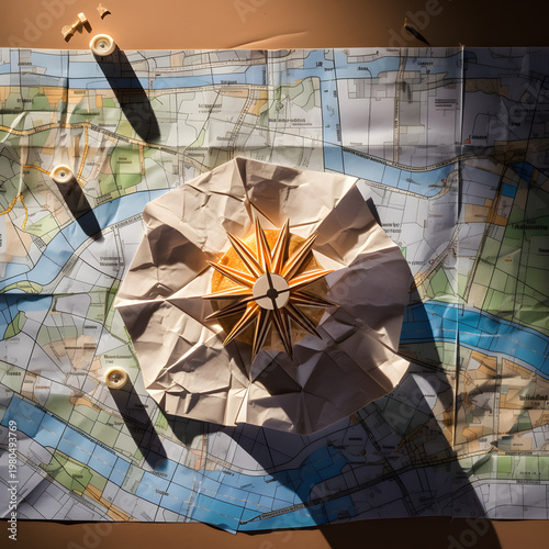 Decorative golden starburst compass placed centrally upon a crumpled vintage paper map featuring detailed topographical lines and colorful geographic zones while soft warm morning light casts long dra