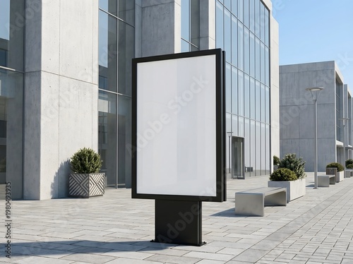 Blank vertical billboard stands in the middle of a modern urban plaza.
