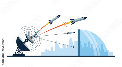 Futuristic Missile Defense System with Radar and Laser Shield Protecting City from Air Attack - Vector Illustration