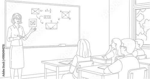 Female teacher explains mathematical concepts on a whiteboard to her attentive students during a lesson in a school classroom.