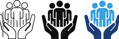 Three icons of people in hands Keywords: people, hands, care, protection, support, community