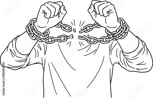 Person breaking free from heavy iron shackles with hands raised high to represent the concept of overcoming personal mental imprisonment