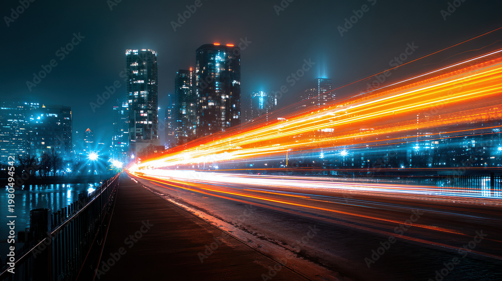 Obraz premium City Lights at Night: A captivating night scene, city lights forming luminous streaks against the backdrop of skyscrapers and a darkened skyline.