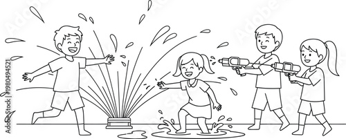 Happy children playing outdoors with a water sprinkler and toy water guns during a warm summer day in the park