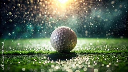 A photo of a field hockey ball rolling smoothly along grassy terrain, with dewdrops sparkling on its surface and the gentle breeze rustling nearby gre